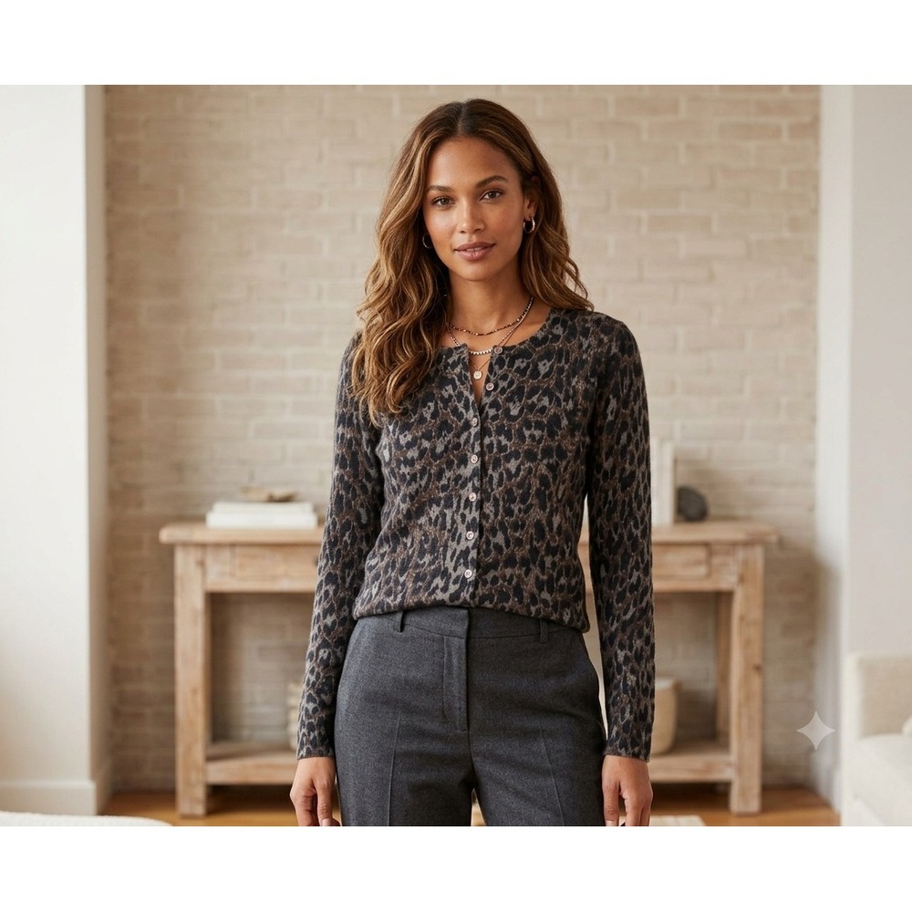 Bloomingdale's 100% Cashmere Leopard Print Cardigan Sweater Brown Gray Size S